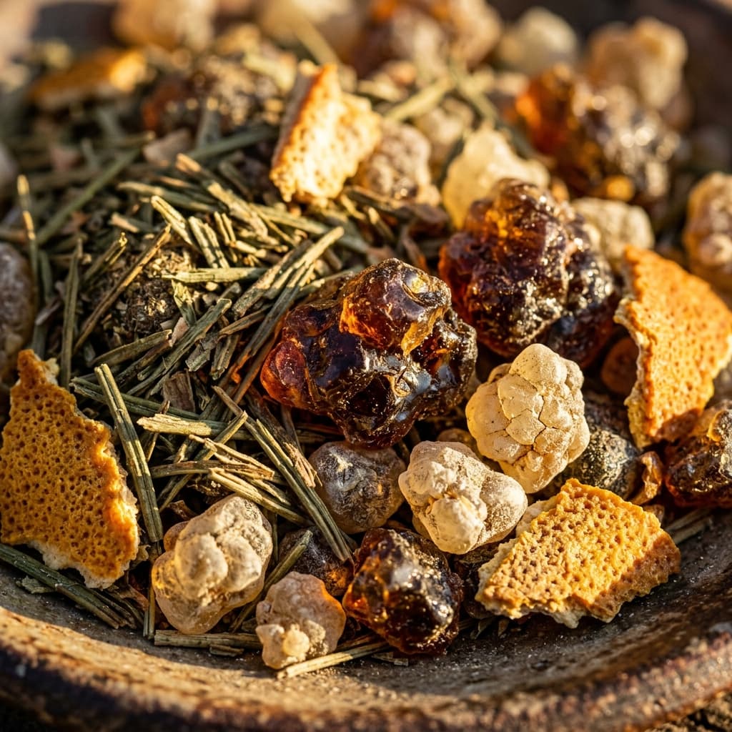 乳香与松木熏香 botanical texture — raw Resinous Pine ingredients